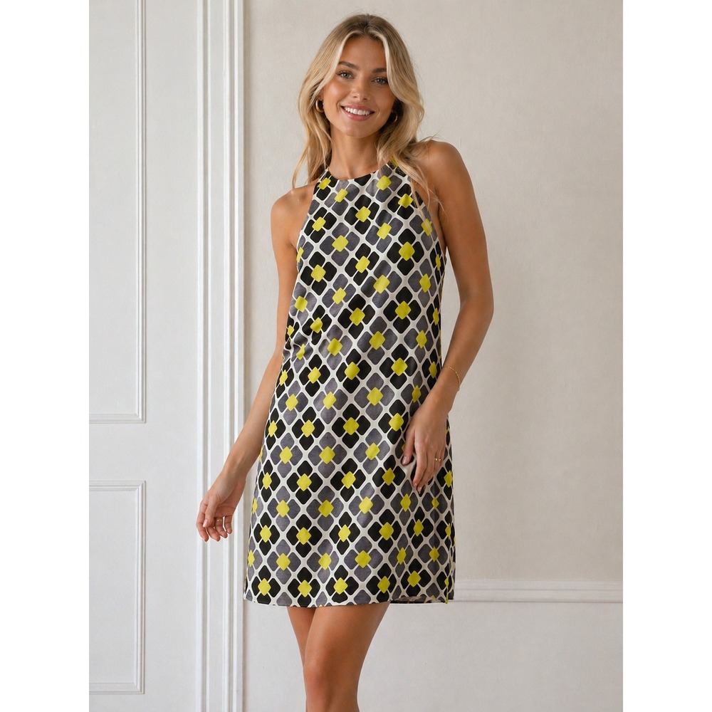Milly Shift Mini Dress Womens Size 2 Yellow Black Geometric Silk Linen Retro 60s